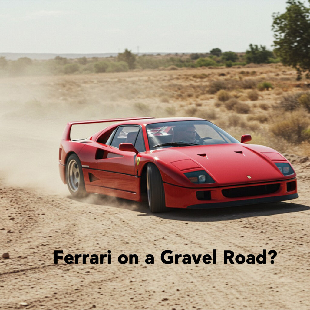 Ferrari driving on a gravel road. AI on the shop floor