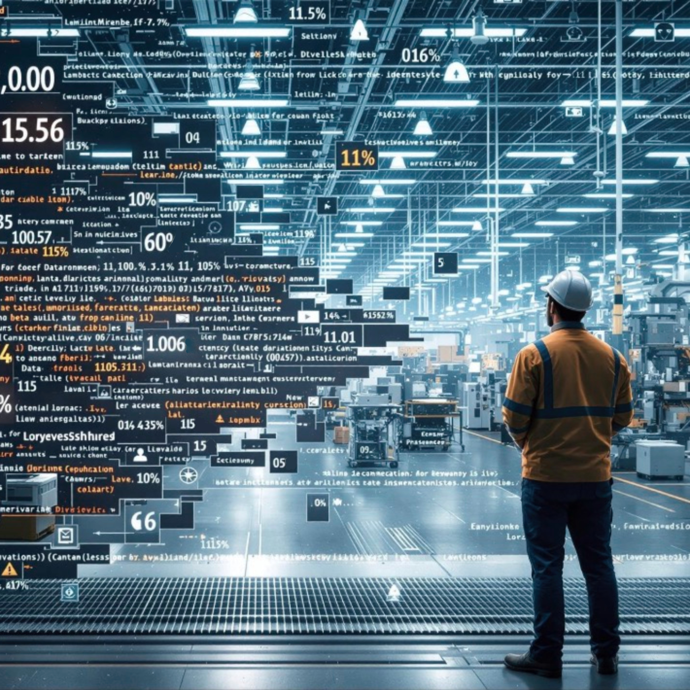 Manufacturnig worker confronted by a wall of corrupted data Manufacturing AI