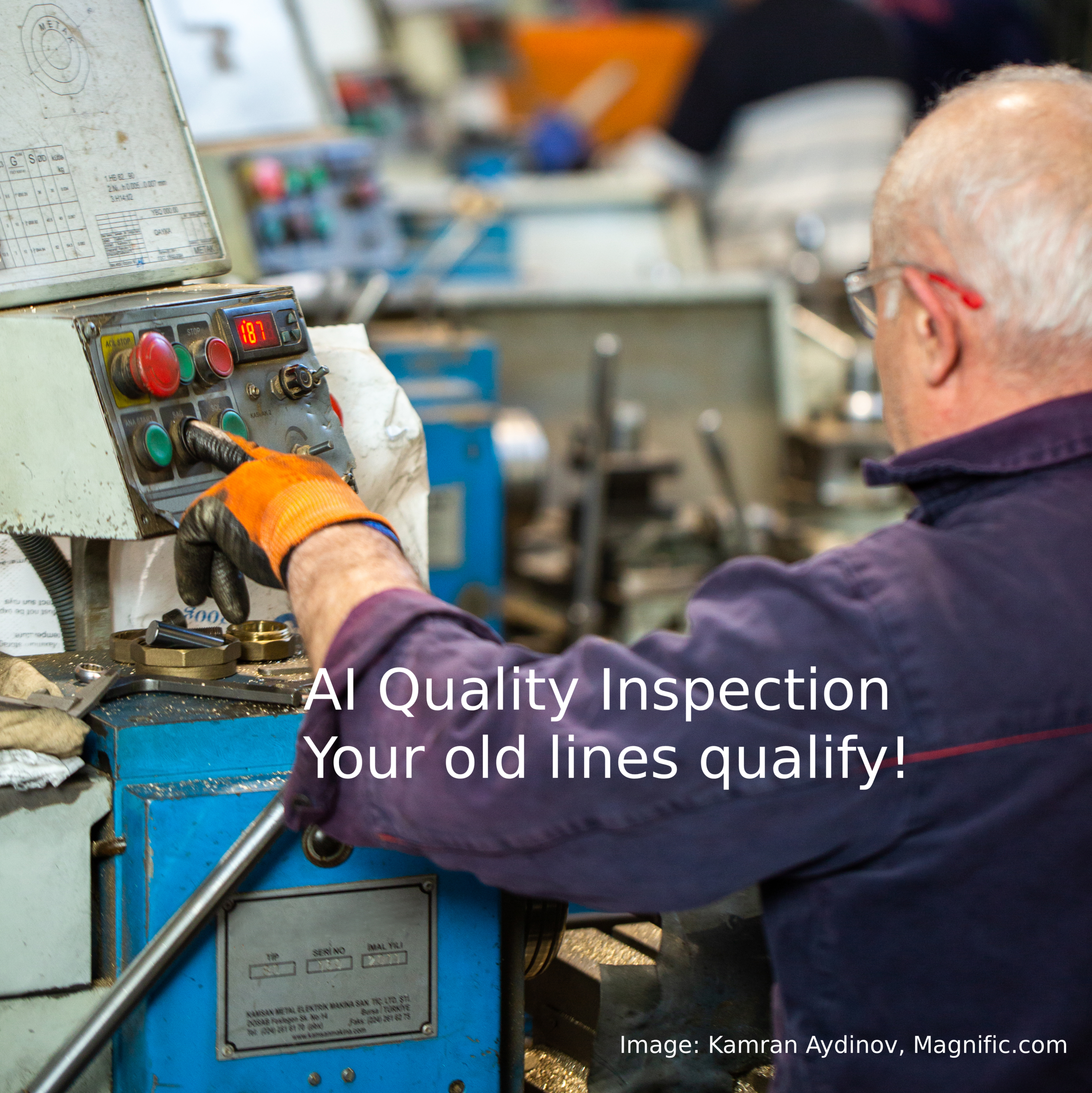 AI quality inspection retrofit for an older production machine operated by a worker at its control panel